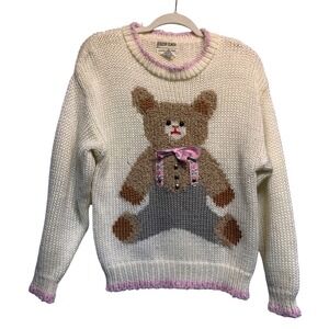 VTG 80s Color Cues womens Cute Knitted Teddy Bear Sweater Cream Pink Trim Small